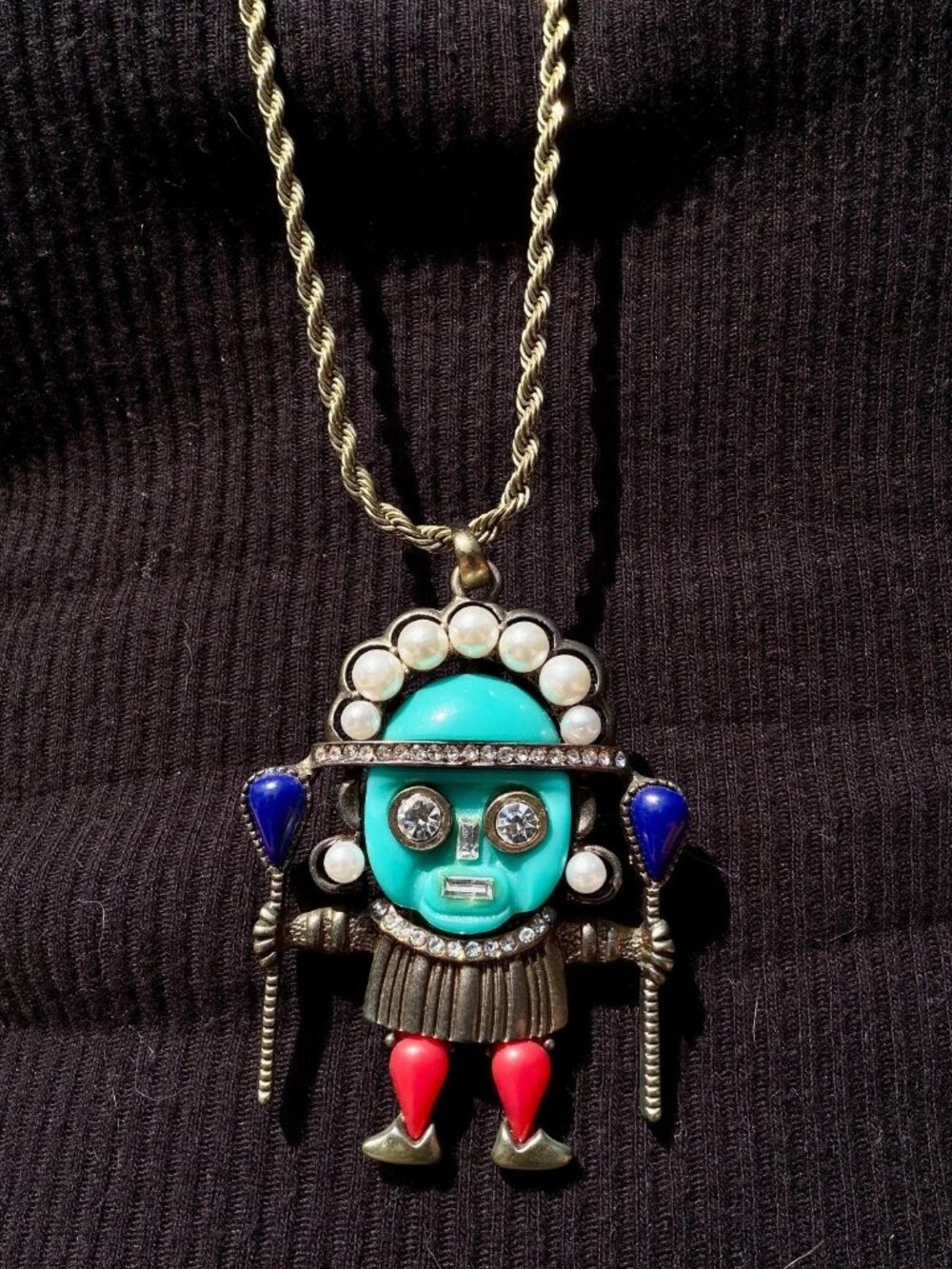 Kenneth Jay Lane Blue Medicine Man Tribal Pendant Necklace Aztec Warrior SIGNED